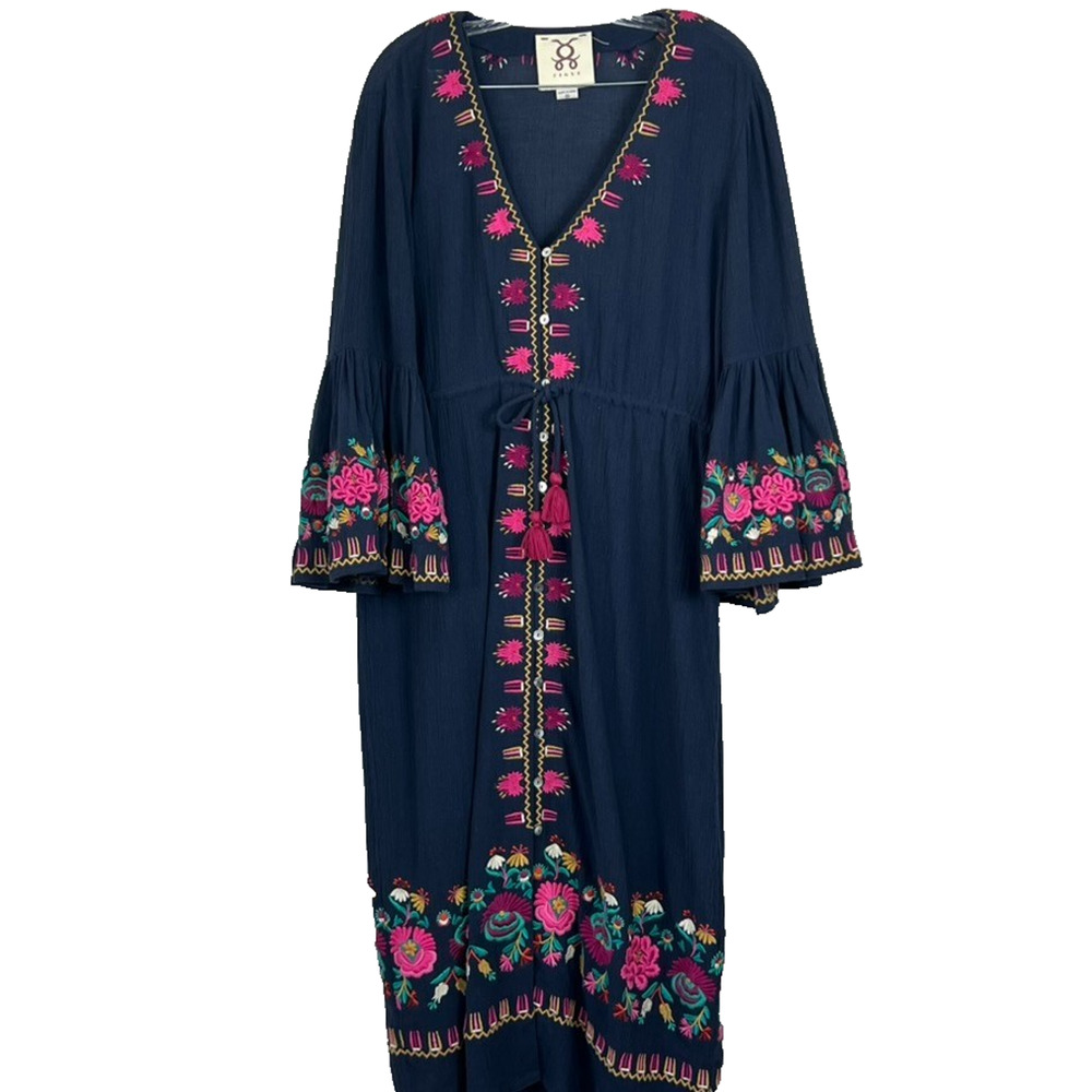 FIGUE Dress Women's Medium Junie Floral Embroidered Cotton Voile Midnight Blue